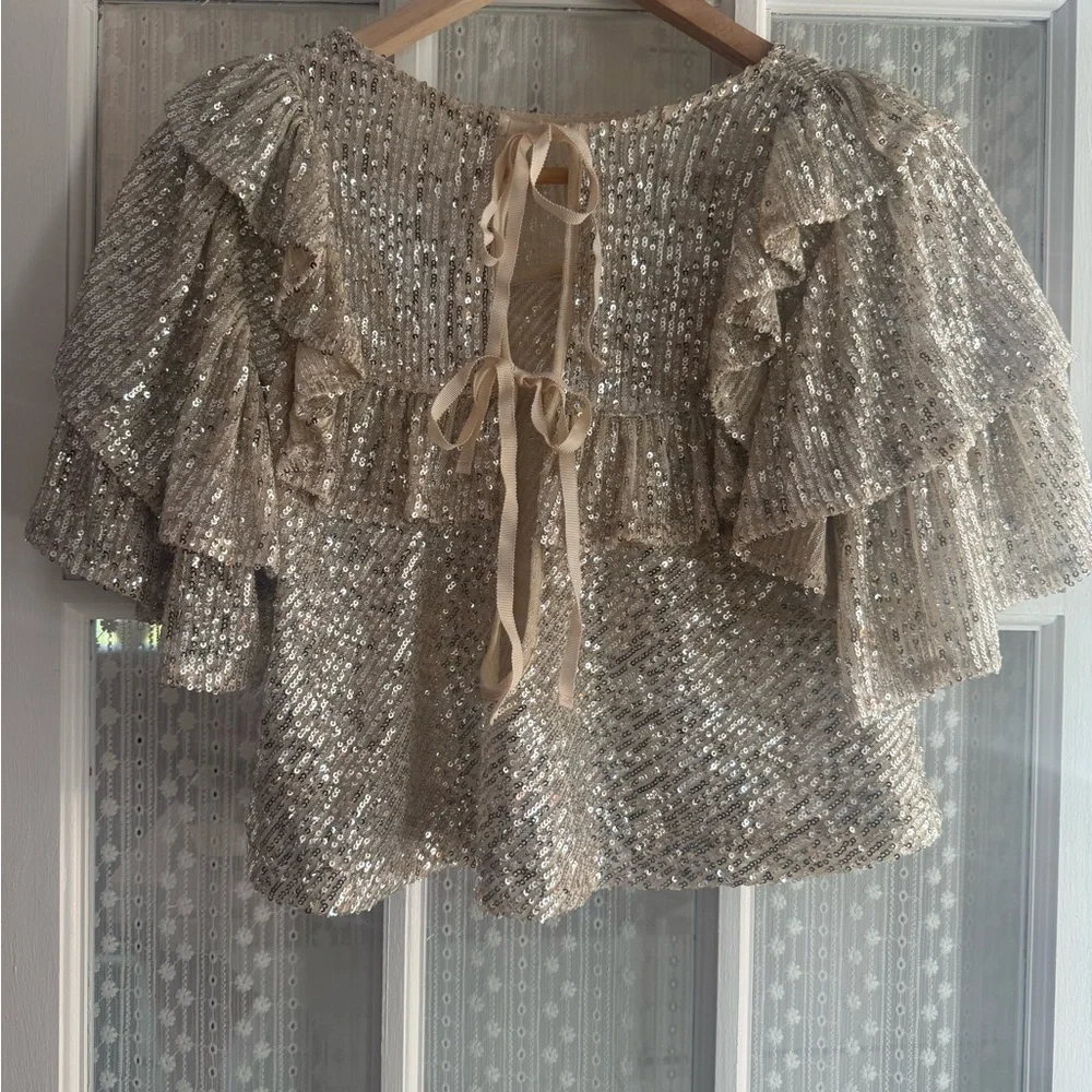 Free People Gold Sequin Ruffle Short Sleeve Top - Picture 10 of 10
